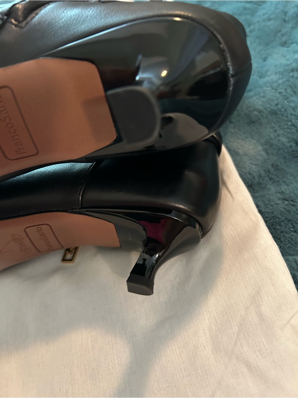 Franco Sarto Black Leather Pointed-Toe Ankle Booties with Gold Z Accent - Picture 4 of 7